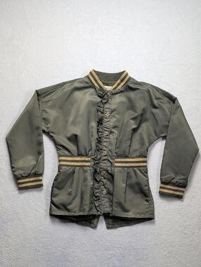 Twinset Girls Olive Green Ruffle Bomber Jacket - Gold Lurex Trim - Size 8 / 128